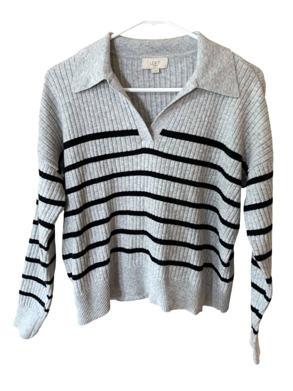 LOFT Outlet Womens S Gray Black Striped Ribbed Collared Sweater Academia